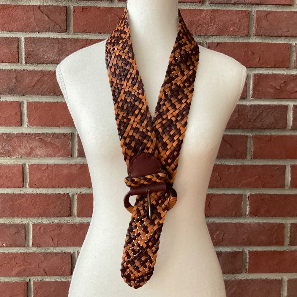 Lucky Brand Brown Tan Braided Woven Leather Boho Belt Size S/M NWOT